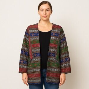 Vintage Village Weaver Thai Silk Jacket Medium Boho Ikat Pattern Open Front Coat